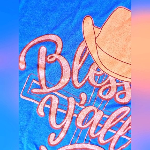 NEW #TAKETHAT Western Blue & Tan Glitter Cowgirl Hat Blessed Cross Tee Shirt - Picture 6 of 7